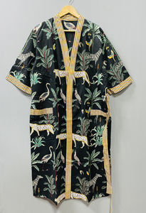 Robe kimono décontractée de luxe en coton pur, faite à la main en Inde, avec ceinture, style japonais, sans manches, été/hiver - Product Image 2