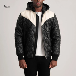 Blouson bomber matelassé à capuche pour homme RELEVO INDUSTRIES en cuir PU, color block, coupe-vent, fermeture éclair, hiver - Product Image 1