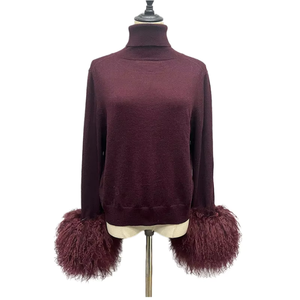 Women's Burgundy Turtleneck Sweater With Fur Cuffs Full Sleeve Knitted Pullover Elegant Winter Solid Color Lantern Sleeve Design - Product Image 1