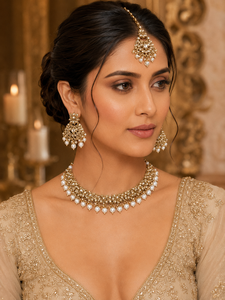 Conjunto de collar y aretes estilo Kundan chapado en oro para novias indias, con aretes a juego y conjunto Maang Tikka para mujer. - Product Image 1