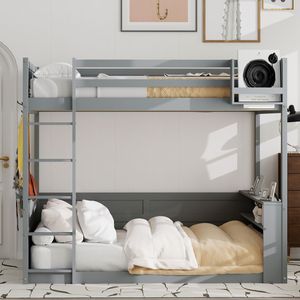 Letto a Castello in Legno Grigio Misura Queen con Luce LED, Stazione di Ricarica USB, Mensole Integrate e Vano Portaoggetti, Consegna Prevista 30/06 - Product Image 2