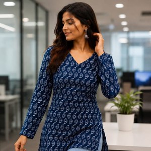 Trendy Pure Cotton Kurti With Leaf Print Loose Fit Midi Length Casual Wear For India Pakistan Style All Seasons <b>White</b> With - Product Image 3