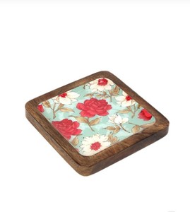 Wood Floral Printed Rectangle Coastal Design Wood Handicraft Serving Plate Dessert Display Tray for <b>Party</b> <b>Table</b> Decor - Product Image 1