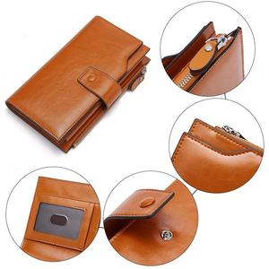 Genuine Leather Long <b>Wallet</b> Unisex Multifunctional Zipper Hasp Closure Minimalist Design <b>Brown</b> Color Daily Use - Product Image 3