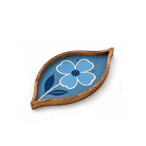 <b>Wood</b> Leaf Shaped Serving <b>Tray</b> With Blue Floral Pattern Decorative Residential Use - Product Image 1