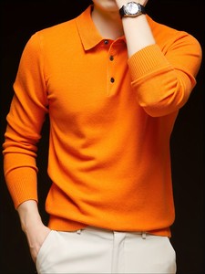 Suéter Polo para Hombre, Primavera/Otoño, Color Sólido, Cuello con Botones y Cierre de Media Abertura, Manga Larga, Estilo Casual de Negocios, Básico Diario - Product Image 4