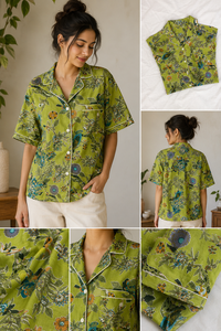 Conjunto de Pijama Floral con Estampado a Mano para Mujer, Camisa de Manga Corta y Pantalones Cortos de Algodón, Conjunto de Ropa de Dormir Informal Hecho a Mano - Product Image 5