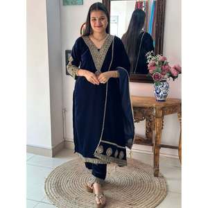 TRENDING VISCOSE VELVET EMBROIDERY WORK <b>TOP</b> BOTTOM WITH DUPATTA <b>NAVY</b> BLUE - Product Image 1