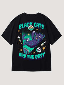 เสื้อยืดโอเวอร์ไซส์ลายแมวดำผู้ชายสไตล์สตรีทโลโก้ด้านหน้าแขนสั้นคอกลมทรงปกติผ้าฝ้าย 100% แห้งเร็ว - Product Image 1