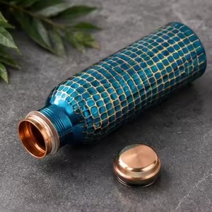 Bohemian Hammered Copper Water Bottle Blue Grid Design Portable Travel <b>Drinkware</b> with Lid - Product Image 1
