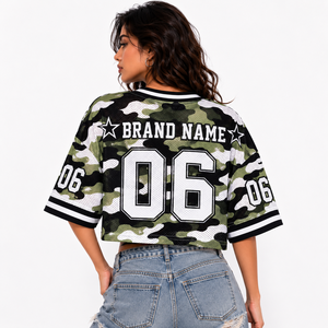Trendy <b>Hip</b> Hop Unisex Boxy Oversized Crop Top Customizable Camo Forest Print American Football Jersey Retro Activewear Varsity - Product Image 4