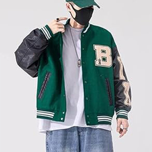 Veste universitaire verte pour homme avec manches en cuir, patch lettre B brodé, col rabattu, simple boutonnage, style décontracté pour l'automne - Product Image 1
