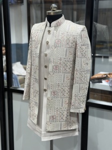 Luxury <b>Men's</b> Ivory Embroidered Indo Western Sherwani Set with Long Jacket <b>Kurta</b> & Pant Designer Wedding Reception Groom Outfit - Product Image 2