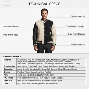Custom Men's <b>Slim</b> <b>Fit</b> Breathable Asymmetric Colorblock Varsity <b>Jacket</b> Poly Wool Shell Lambskin Leather Sleeves for Autumn/Winter - Product Image 5