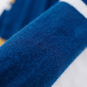 Custom OEM ODM Women Knitted Sorority Varsity <b>Cardigan</b> <b>Sweater</b> Anti-Wrinkle Royal Blue White Gold Striped Sleeves Button - Product Image 4