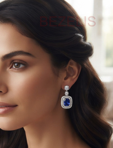 Boucles d'oreilles pendantes halo en saphir bleu taille coussin et diamant pour femme, style de luxe, vente en gros, pour anniversaire et mariage, haute joaillerie - Product Image 3