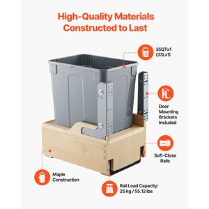 Cestino Estraibile in Legno da 35 QT per Armadietti da Cucina, Contenitore per Rifiuti e Riciclo Resistente, Bidone con Sensore da 12L di Capacità - Product Image 3