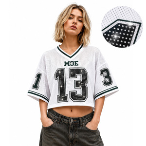 Y2K Bling Crop <b>Top</b> <b>White</b> Mesh <b>Embellished</b> Crystal Number Streetwear Women American Football Jersey Custom Logo ODM OEM Factory - Product Image 1