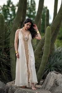 Vestido Maxi Bohemio de Verano para Mujer con Escote en V Profundo, Cordones Delanteros, Adorno de Flecos, Sin Mangas, Spandex y 100% Algodón, Ropa de Playa - Product Image 6