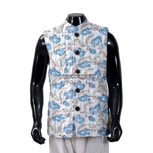 Handmade <b>Quilted</b> Block Printed Boho Style Cotton <b>Jacket</b> For Indian Men's Breathable Button Closer Coat For Winter For Autumn - Product Image 1