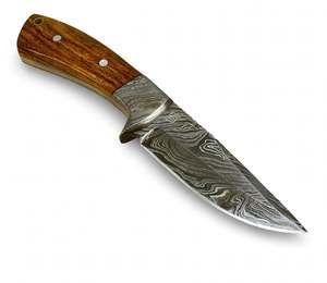 Couteau utilitaire artisanal en acier Damas à pointe tombante, manche en bois naturel avec garde intégré, outil de traitement sur site - Product Image 3