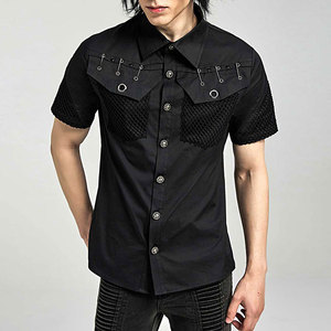 <b>Men's</b> Gothic Black Short Sleeve Shirt Top with Mesh Spliced Pockets, Buttons, and Safety Pin Rivets Decoration - Product Image 2