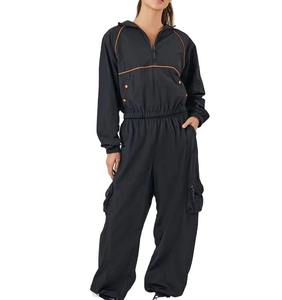 Survêtement coupe-vent noir pour femme, longueur intégrale, fermeture demi-zip, poches latérales, décontracté, ample, 100 % polyester respirant, vente en gros - Product Image 1