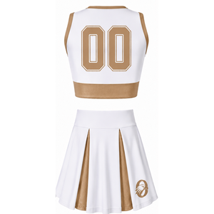 Ensemble d'uniforme de cheerleading sublimé blanc et marron sans manches, haut et jupe pour équipe sportive, tenue de sport pour entraînement, performance et compétition - Product Image 2