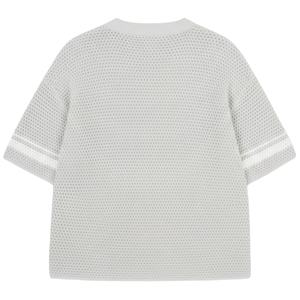 T-shirt en tricot crocheté à rayures contrastées, blanc, manches courtes, tricot texturé, décontracté d'été, respirant, col rond - Product Image 2