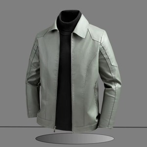 Veste en cuir PU pour homme, style motard, col rabattu, fermeture éclair, couleur unie, coupe ajustée, manches classiques, automne - Product Image 4