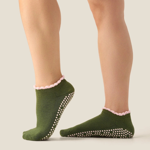 Custom Women <b>Grip</b> <b>Socks</b> Decorative Ruffle Cuff Non Slip Pilates Yoga <b>Socks</b> Jacquard Embroidery Logo Vietnam Factory - Product Image 2