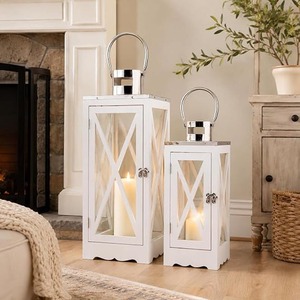 Faroles de Madera Blancos, Faroles Decorativos con Vidrio Transparente, Farol Colgante Rústico para Patio, Jardín, Bodas - Product Image 3