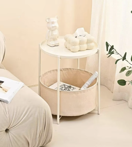 Minimalist White Round Side <b>Table</b> with Storage Basket 2-Tier Metal Frame for Bedroom Use - Product Image 1