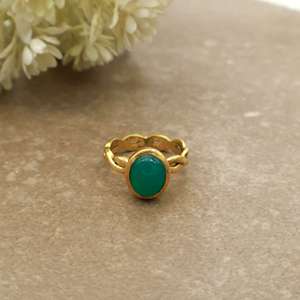 Vintage Oval Green Onyx <b>Ring</b> 18K Gold Plated Scalloped Infinity Band Boho Statement Jewelry - Product Image 2