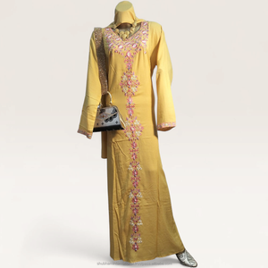 Mustard Yellow Luxury Kaftan <b>Dress</b> with <b>Silver</b> Embroidered Front and Cuff Detailing for Women - Product Image 4