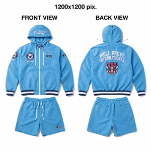 ชุดเซ็ตเสื้อแจ็คเก็ตและกางเกงขาสั้นไนลอนพรีเมียม 110gsm สีเทาชาร์โคล ตกแต่งแผ่นผ้าต่อ พร้อมโลโก้ป้ายยาง 3 มิติแบบกำหนดเอง เสื้อผ้าสตรีทแวร์สำหรับผู้ชายฤดูร้อน - Product Image 6