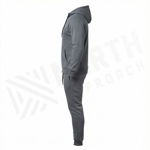 Ensemble de survêtement gris à capuche pour homme, sweat-shirt et pantalon à fermeture éclair intégrale, couleur unie, vêtements de sport décontractés avec poches latérales - Product Image 3