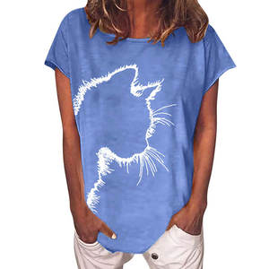 Women's Gray <b>Cat</b> Print O-Neck Short Sleeve <b>T</b>-Shirt Loose Fit Casual Summer Top 100% Cotton Jersey Breathable Regular Length - Product Image 2