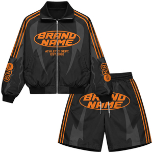 Custom Brand Name Men's Sporty Track Jacket & Shorts Set Sublimation Print Breathable Polyester Autumn Wear Zip up Bomber Jacket - Product Image 1