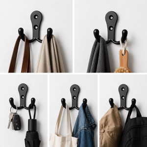 Porte-manteau mural double en métal noir de qualité supérieure, style vintage, pour serviettes, chapeaux et sacs, idéal pour salle de bain, entrée, couloir, chambre - Product Image 3