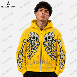 Men's <b>Gothic</b> Skeleton Graphic Yellow Hoodie <b>Jacket</b> Custom Printed Zip Up Hoodie Streetwear Casual Fashion Hooded <b>Jacket</b> - Product Image 2