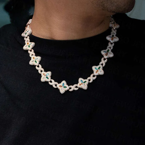 Collier tendance en or blanc avec moissanite et maillons en forme de cœur, chaîne à breloques en pierres colorées, plaqué rhodium, unisexe - Product Image 1