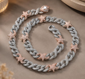 Collar de Cadena Cubana de Moissanita Bicolor con Incrustaciones de Estrellas para Hombre y Mujer - Product Image 3