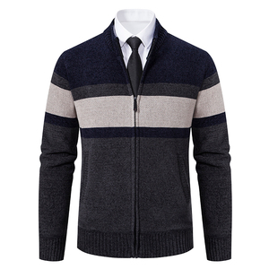 Men's Gray And <b>Black</b> Striped Knit <b>Cardigan</b> Full Zipper Mandarin Collar Regular Sleeve Autumn Wear Anti-Pilling <b>Wool</b> Acrylic - Product Image 6