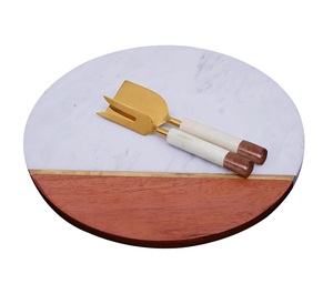 Juego de Tabla de Quesos Premium de Mármol y Madera de Acacia con Cuchillos de Queso de Acero Inoxidable Dorado, Tabla Redonda de Lujo para Servir Charcutería - Product Image 1