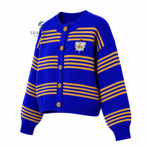 Cardigan en tricot rayé pour femmes de la sororité Sigma Gamma Rho, boutonné, manches longues, col rond, bleu et or brodé, pull décontracté - Product Image 2