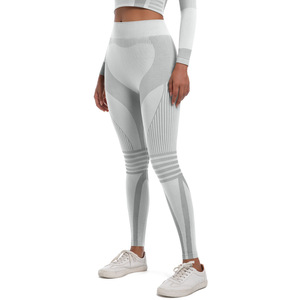 Leggings de yoga taille haute sans couture pour femme, avec empiècements color block et maille côtelée, effet ventre plat, longueur intégrale, pantalon de sport - Product Image 4