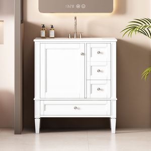 Mobile Bagno Moderno da 30 Pollici con 3 Cassetti, Lavabo in Ceramica Grigia, Struttura in Legno Massello e Armadietto Contenitore per Bagni Moderni - Product Image 2