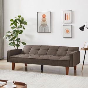 Divano Letto Convertibile in Lino Marrone con Gambe in Legno per Soggiorno - Product Image 2