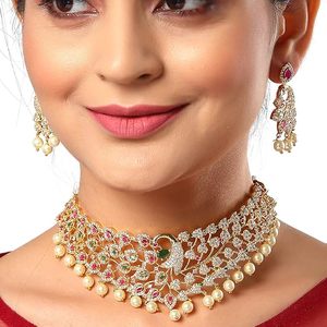 Gold Plated Stainless Steel Necklace Earring Set Zircon Imitation Pearl Floral Design Vintage Ethnic Wedding <b>Jewelry</b> Women's - Product Image 2